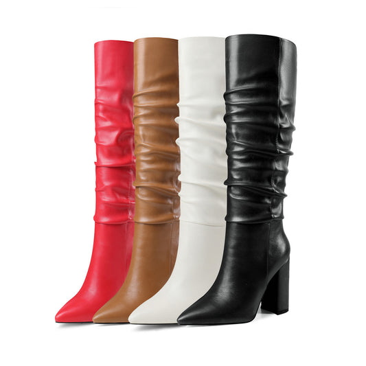 Straight Thick High-heeled Long Boots Women's Plus Size Red High-heeled Boots