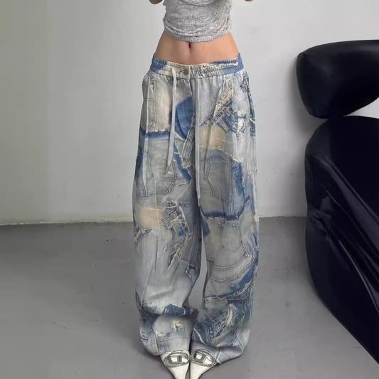 Women's Casual Straight Leg Loose Print Jeans