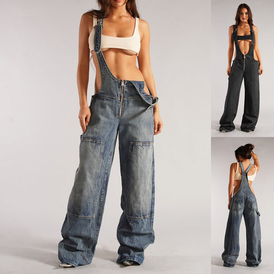 Y2K Zipper Denim Overalls With Pockets Loose Suspender Streetwear