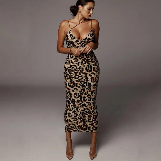 Tina V Neck Backless Animal Print Slip Long Dress