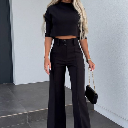 Mid crop top + High Waist Wide Leg pants